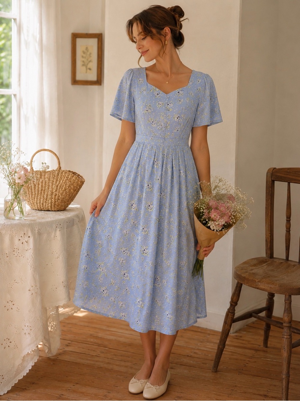 Erika Studio Vintage Blue Floral Polka Dot Midi Dress 8 Medium Cottagecore